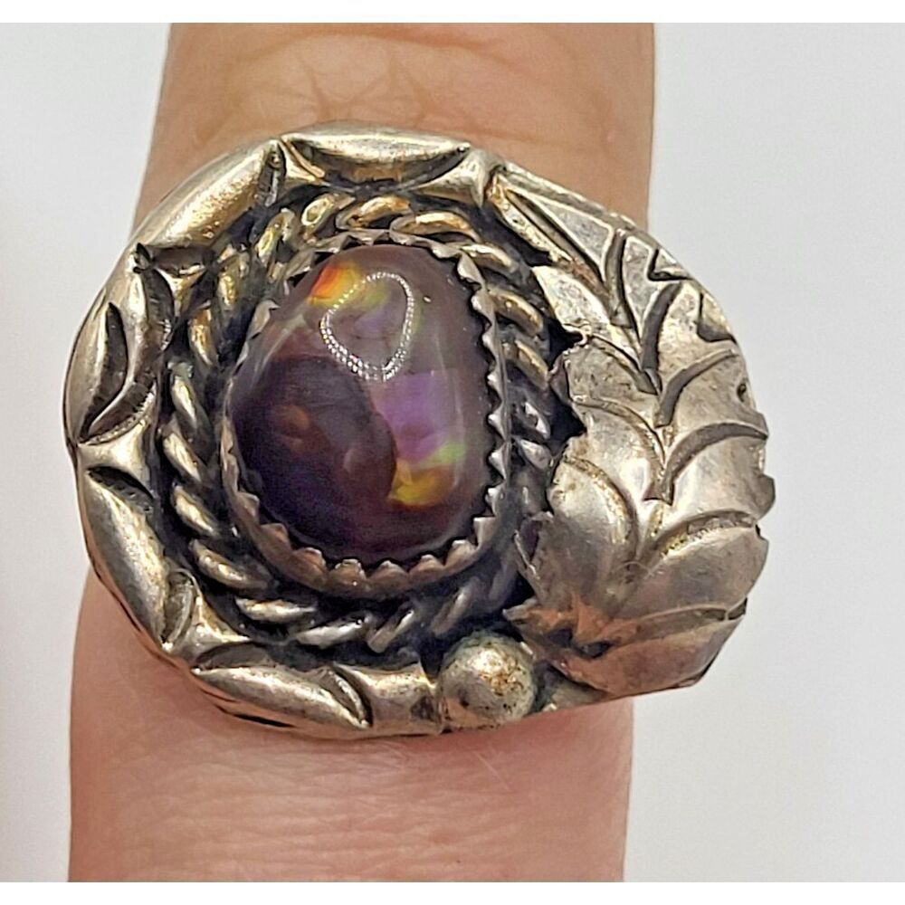 Native Sterling Silver Shaped Squash Blossom Brown Purple Fire Agate sz 6.25